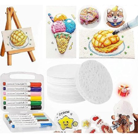 Magisk Puffy Paint Art, 3D Tegning Magisk Lærred Svamp, Puffy Popcorn Magisk Skum Tekstur Malersæt med 10 Skum Papir og 12 Tuscher, DIY Boble