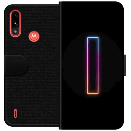 Kompatibel Tegnebogsetui til Motorola Motorola Moto E7 Power Minimalistisk neonbogstav I i regnbuefarver mod mørk baggrund