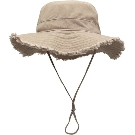 Naisten puuvillainen leveälierinen hattu hihnalla, kesän lierihatut naisille, kokoontaitettava, pesty rispaantunut kalastajahattu naisille