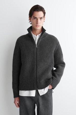 COS Men's Funnel-Neck Knitted Wool Jacket in Grey