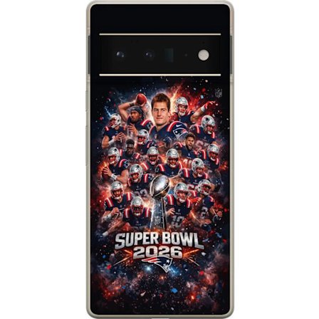 Yhteensopiva Puhelinkuori Google Pixel 6 Pro Super Bowl 2026 juliste, jossa New England Patriots ja NFL-mestaruuspalkinto räjähtävän urheilullisessa s