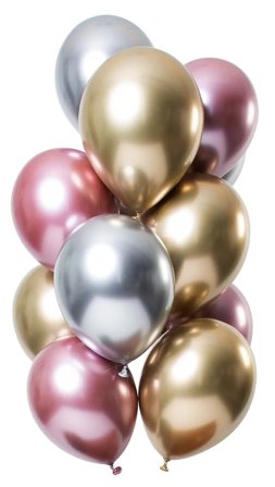 Ballonger Spegeleffekt silver/guld/rosa 33 cm 12-pack