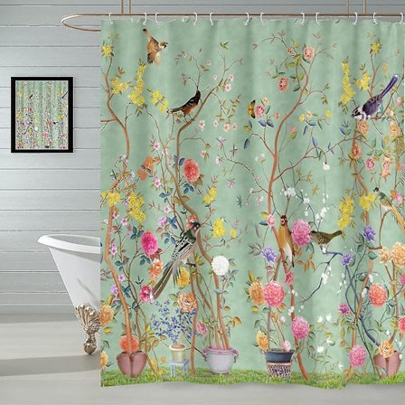 Bruseforhæng, Sommerfugl Fugl Blomst Vandtæt Badeforhæng, Skimmelbestandigt Vådrum Bruseforhæng, Vaskbart Badekarforhæng med 12 Kroge