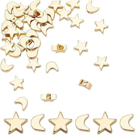 40 kpl 2 tyyliä messinkisiä kuu- ja tähtiriipuksia, 18K kullattuja litteitä helmiä, sekoitettuja muotoja, välihelmiä, kestäviä kultaisia kuu- ja 