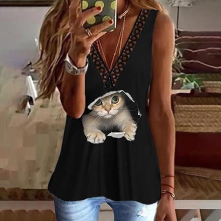 Ärmlösa Linnen För Kvinnor Cat Print T-shirts