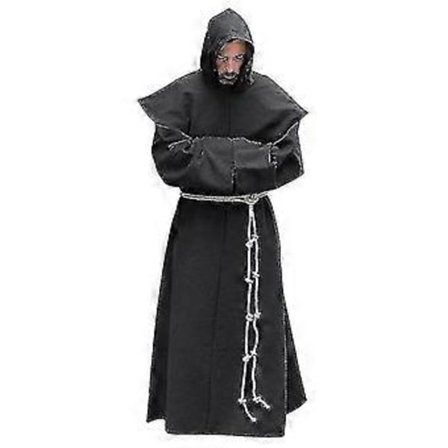 S-5XL Renässansmunk Prästkläder Scapular Friar Kostym Religiös Helgon Klänning Robe Män Präst Huva Kåpa Halloween Outfit (L Svart)