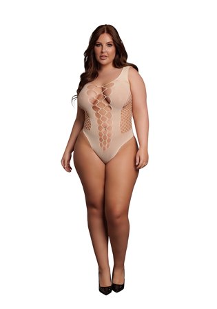 Beige V-Neck Teddy with Opaque Panels - plus Size - Shots
