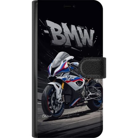 Samsung Galaxy A56 Lommeboketui BMW sportsmotorsykkel illustrasjon hvit og blå supersport sykkel for motorsykkelentusiaster som elsker fart, kraft og