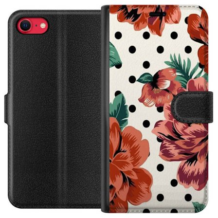 Yhteensopiva Lompakkokotelo Apple iPhone SE (2022) Retrohenkinen kukkakuvio suurilla punaisilla ja vaaleanpunaisilla kukilla, mustilla pisteillä ja va