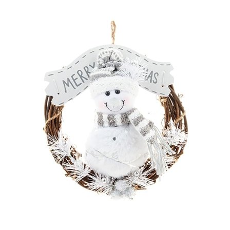 Rattanjulekrans for utendørs bruk med snømann