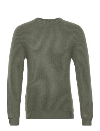 Man O-Neck Ribbed Sweater Neulepaita Pyöreä Kaula-aukko Khaki Green Davida Cashmere