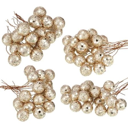 【CA】Konstgjorda järneksbär, 100 st Mini 65mm falska bär Dekor på tråd för julgransdekorationer DIY-hantverk Användning (Paljett Champagne Guld)