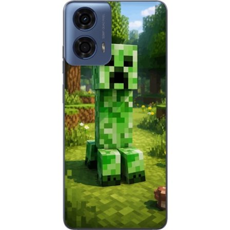 Kompatibelt Mobilskal till Motorola Motorola Moto G04 Block-baserad Creeper-figur i en grön pixell värld, ikonisk spelillustration för barnrum, gam