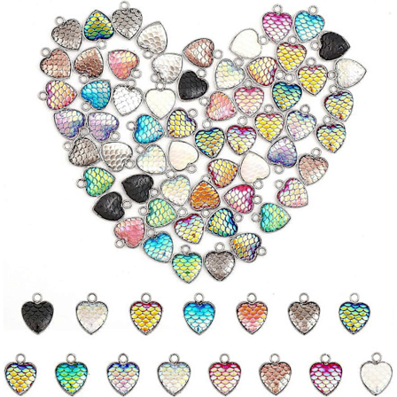 60 st 15 Färger Sjöjungfru Fiskskalsberlocker Hänge Skalad Hjärta Resin Hängen Hjärthänge Cabochons Inställningar