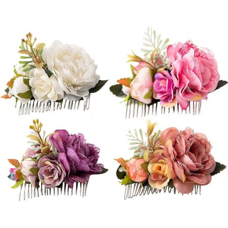 4-pack Metall Hår Sidokammar Slides med Konstgjord Ros Blomma Blommig Bröllop Brud Clips Hårprydnader Hårnålar Barrettes Hårknut