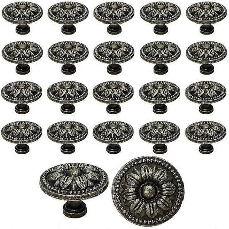 20 st Vintage Skåpdörr Lådknappar 35mm Blomdesign Mässing Köksskåpshandtag, För Byrå Och Möbelskåp, Antik Brons[co]