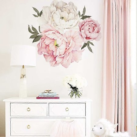 PEON wallstickers (54x53 cm) I selvklebende veggklistremerke rosa hvite blomster romantiske planter blader I Dekor for stue soverom kjøkken gang