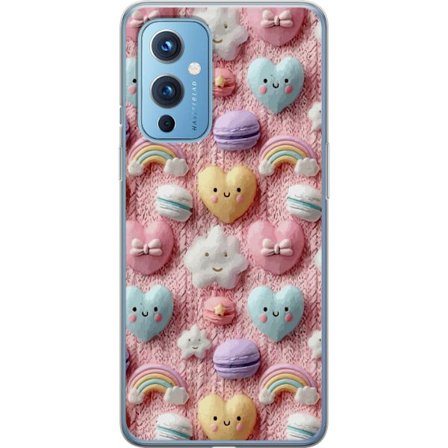 Kompatibelt Mobildeksel til OnePlus 9 Pastellmotiv med hjerter, skyer, regnbuer og makroner mot rosa bakgrunn i en søt drømmende stil.