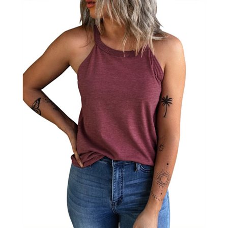 Dam sommar ärmlös halterneck t-shirt crew neck träning tank toppar casual enfärgad camisole skjortor(M)