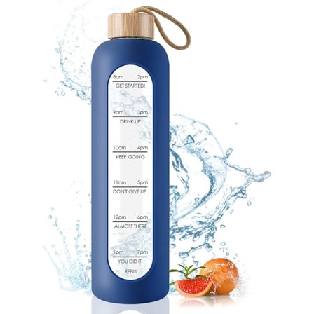 Glassvannflaske med bambuslokk - 1000 ml sportsdrikkeflaske med tidsmarkør, gjenbrukbar knusesikker silikonetui-flaske for trening, treningsstudio, 