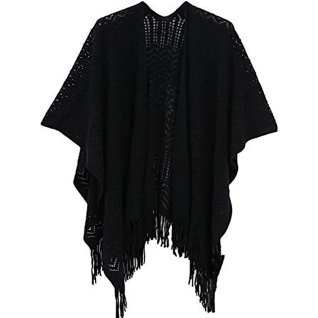 Stickad sjal för kvinnor - Dam poncho med fransar
