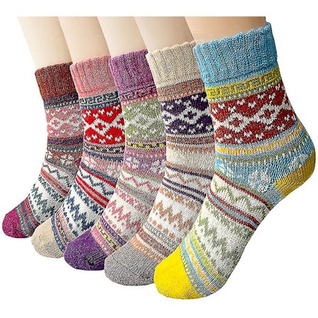 5 par vinterullsokker for damer, fargerike mønstrede strikkesokker