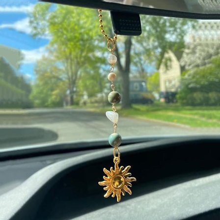 Sol Hængende Bil Charm, Grønne og Gyldne Bakspejl Tilbehør, Sødt Boho Dinglende Sol Bilindretning