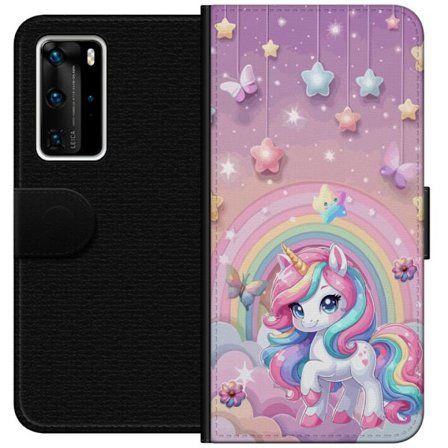 Kompatibel Tegnebogsetui til Huawei P40 Pro Magisk enhjørning med regnbue manke, stjerner og sommerfugle mod en pastelfarvet himmel med skyer