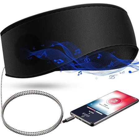 Sovpannband Hörlurar - 3.5mm Jack, Mjukt Elastiskt Band med Tunna Högtalare för Sömn, Resor & Meditation (Svart)