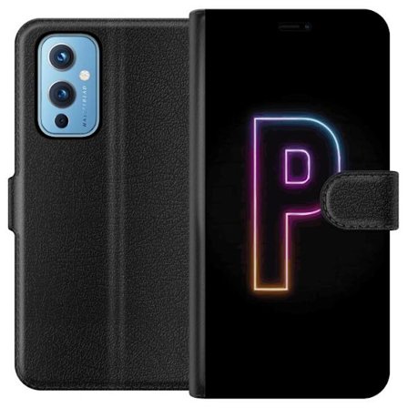 Kompatibel Tegnebogsetui til OnePlus OnePlus 9 Minimalistisk neonbogstav P i farvegradient og lyseffekt mod sort baggrund i digital neonstil