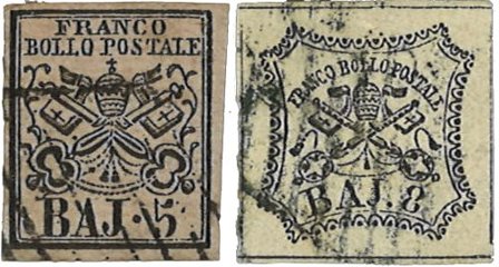 Pavelige stater 1852 - MICHEL 6 + 9 stemplet - med fuld margin - Stemplet frimærke