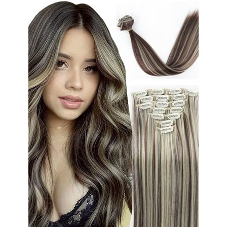 24 tum 16 klipp i hårförlängningar Lång rak frisyr Syntetiskt blond svart hårstrån Värmebeständigt löshår