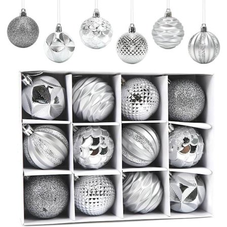 12 kpl 60 mm / 2,36" joulupalloja, 12 kpl joulukoristeita, särkymättömiä joulukuusen palloja, puuhun ripustettava koriste (hopea)