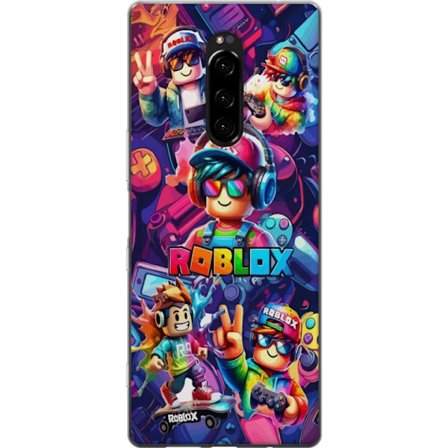 Kompatibel Mobilcover til Sony Sony Xperia 1 Farverig Roblox gaming gruppe med hovedtelefoner, controllere og neonfarver perfekt til børn og gaming e