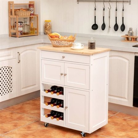 Kjøkkenvogn med hjul - vinhylle og skap - Hvit