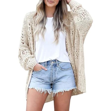 Dame Cardigan Sweater Kimono Boho Solid Farve Oversized Sommer Åben Front Cardigan Sweater Yderbeklædning, BEIGE, M