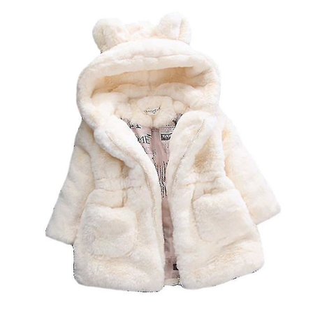 Kid Girl Fluffig fuskpäls Huvkappa Fleecejacka Winter Warm Outwear_x White