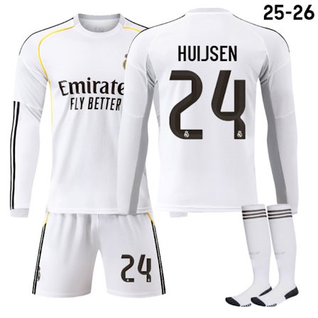 25-26 Real Madrid CF Hjemmedrakter Langermet NR.24 Huijsen Sett Barn Voksen Fotballutstyr med Sokker
