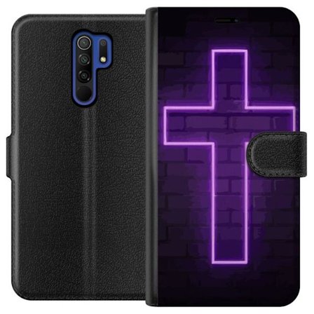 Yhteensopiva Lompakkokotelo Xiaomi Xiaomi Redmi 9 Neonristi purppuranvalossa tummaa tiiliseinää vasten, symbolinen motiivi vahvalla hohto moderni es