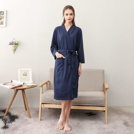 Naisten vedenimevä kylpytakki, yksivärinen vaahterakudoksesta valmistettu kylpytakki, kylpylätakki, kotikäyttöön, yöasu - tummansininen