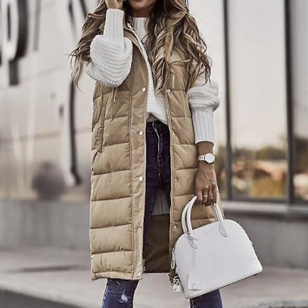 Dame Vinterjakke med Hætte, Ensfarvet, Lynlås, Mellem Lang, Polstret, Ærmeløs, Lommer