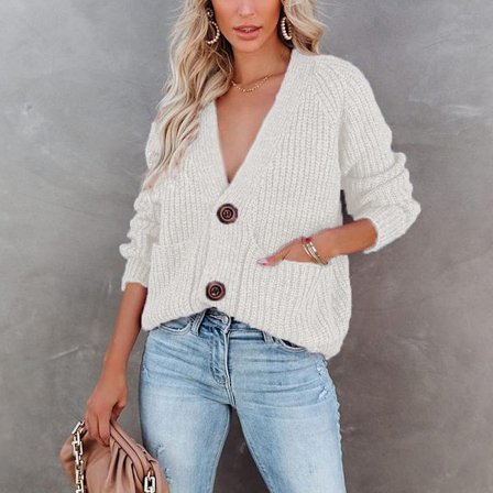 Solid V-ringad kofta med långa ärmar