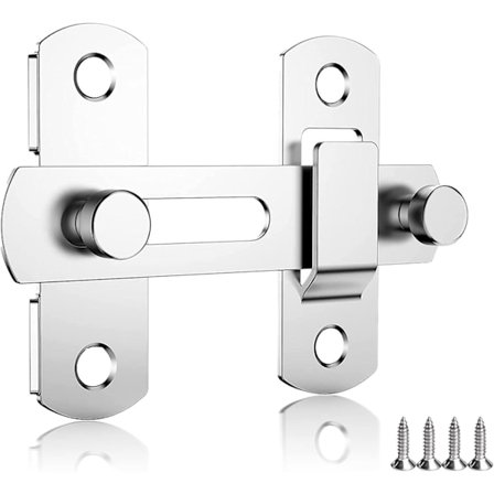 Dørrlås, skydedørslås i rustfrit stål, dørlås, indendørslås, med 4 skruer, egnet til dør, vindue, have, badeværelse