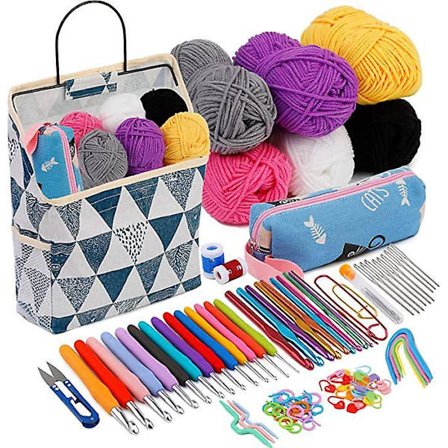 83-osainen virkkaussetti virkkuukoukuilla ja lankapaketilla - Premium-paketti sisältää lankakeriä, neuloja, tarvikesetin, kangaskassin ja paljon muuta