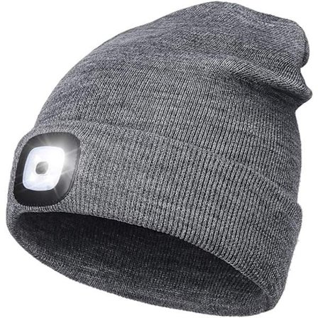 Genopladelig LED-lysende hue, perfekte gaver til far i julen, strømpefyldningshue med lys, håndfri pandelampe, unisex vintervarm strikket hue