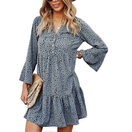 Naisten V-aukkoinen painettu mekko, löysä, rento, tyylikäs, pitkä, levenevähihainen nappimekko rantajuhliin, treffeille, sininen XL