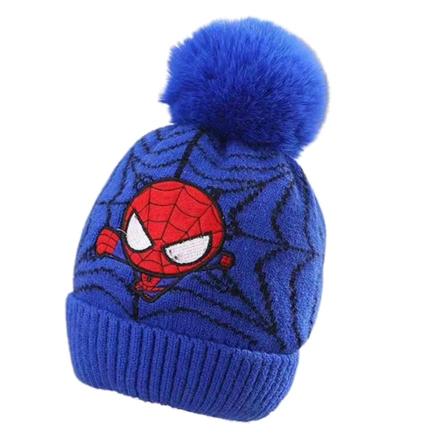 Pojkars Spiderman Stickad Vintermössa med Pompom Skidmössa Blue