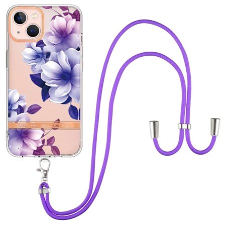 Slim og Slitesterk Softcover med Lanyard til iPhone 15 Plus - Hc004 Purple Begonia
