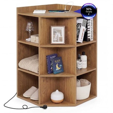 Kulmakirjahylly latausasemalla, 9 hyllyä, 2 USB-liitäntää, 4 pistorasiaa