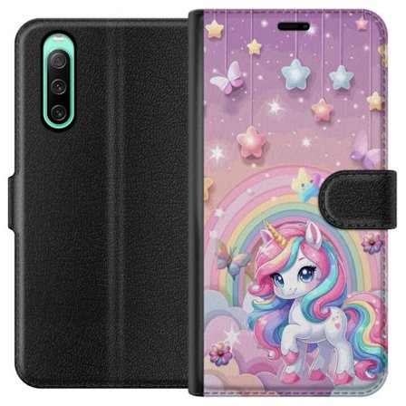Kompatibel Tegnebogsetui til Sony Xperia 10 IV Magisk enhjørning med regnbue manke, stjerner og sommerfugle mod en pastelfarvet himmel med skyer
